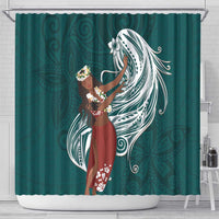 Tahiti Islands Polynesian Plumeria Shower Curtain Tahitian Vahine 'Ote'a - Teal LT7 - Polynesian Pride