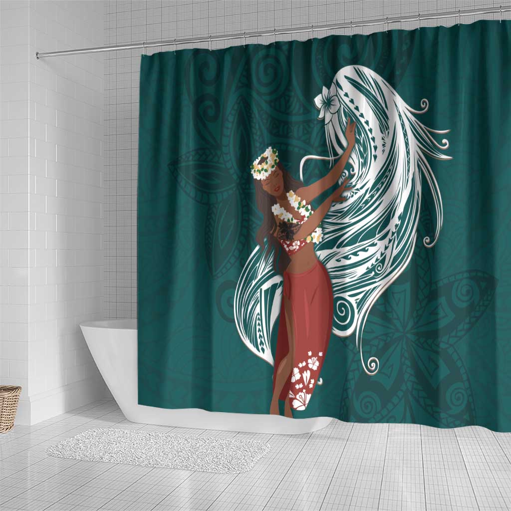 Tahiti Islands Polynesian Plumeria Shower Curtain Tahitian Vahine 'Ote'a - Teal LT7 - Polynesian Pride