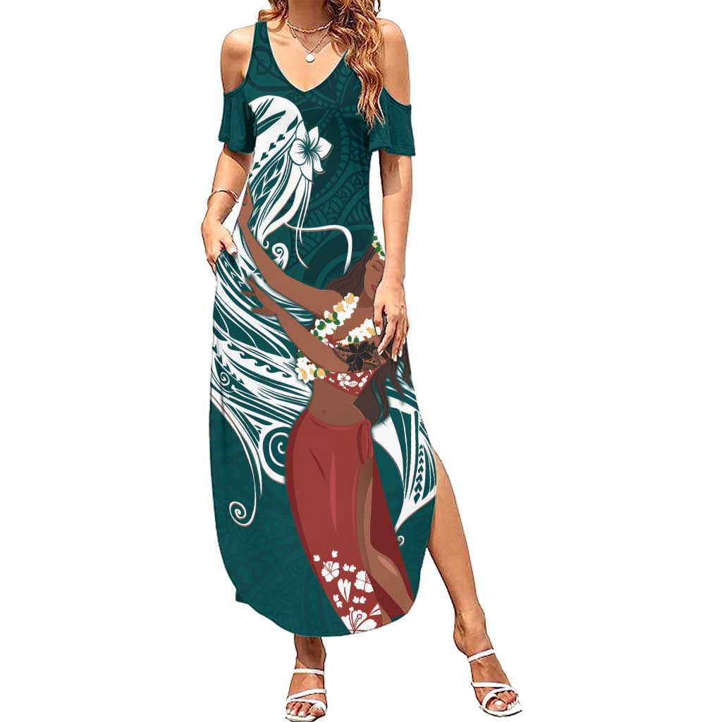 Tahiti Islands Polynesian Plumeria Summer Maxi Dress Tahitian Vahine 'Ote'a - Teal LT7 Women Teal - Polynesian Pride