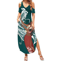 Tahiti Islands Polynesian Plumeria Summer Maxi Dress Tahitian Vahine 'Ote'a - Teal LT7 Women Teal - Polynesian Pride