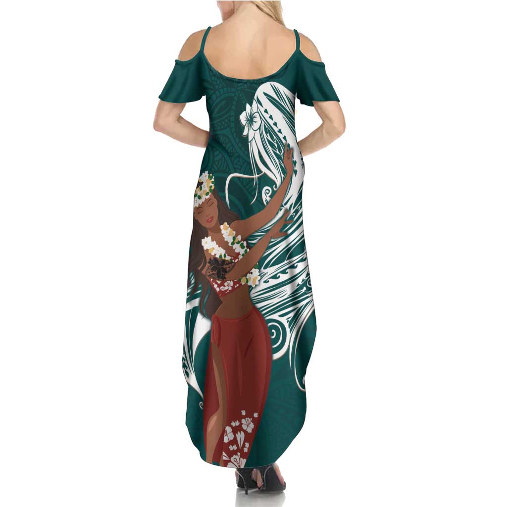 Tahiti Islands Polynesian Plumeria Summer Maxi Dress Tahitian Vahine 'Ote'a - Teal LT7 - Polynesian Pride