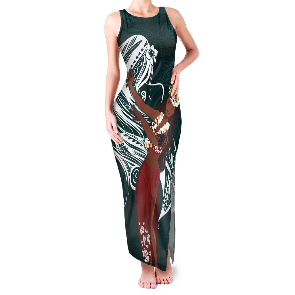 Tahiti Islands Polynesian Plumeria Tank Maxi Dress Tahitian Vahine 'Ote'a - Teal LT7 Women Teal - Polynesian Pride