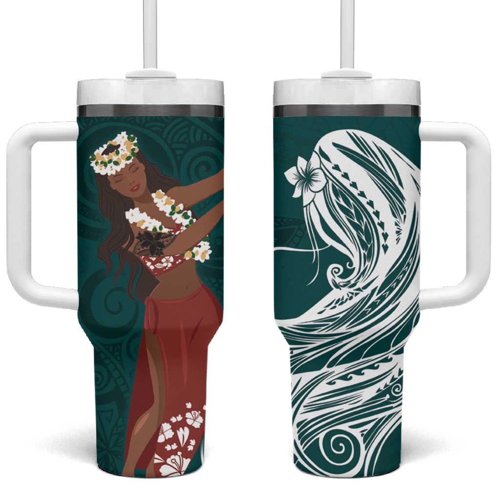 Tahiti Islands Polynesian Plumeria Tumbler With Handle Tahitian Vahine 'Ote'a - Teal LT7 One Size: 40 oz Teal - Polynesian Pride