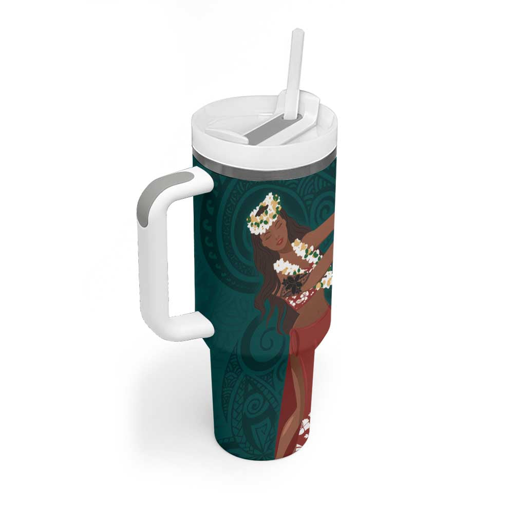 Tahiti Islands Polynesian Plumeria Tumbler With Handle Tahitian Vahine 'Ote'a - Teal LT7 - Polynesian Pride