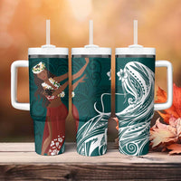 Tahiti Islands Polynesian Plumeria Tumbler With Handle Tahitian Vahine 'Ote'a - Teal LT7 - Polynesian Pride