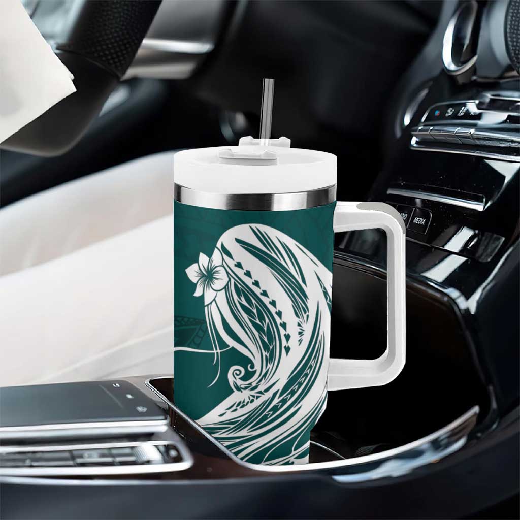 Tahiti Islands Polynesian Plumeria Tumbler With Handle Tahitian Vahine 'Ote'a - Teal LT7 - Polynesian Pride