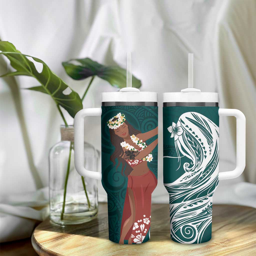 Tahiti Islands Polynesian Plumeria Tumbler With Handle Tahitian Vahine 'Ote'a - Teal LT7 - Polynesian Pride