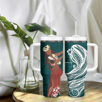 Tahiti Islands Polynesian Plumeria Tumbler With Handle Tahitian Vahine 'Ote'a - Teal LT7 - Polynesian Pride