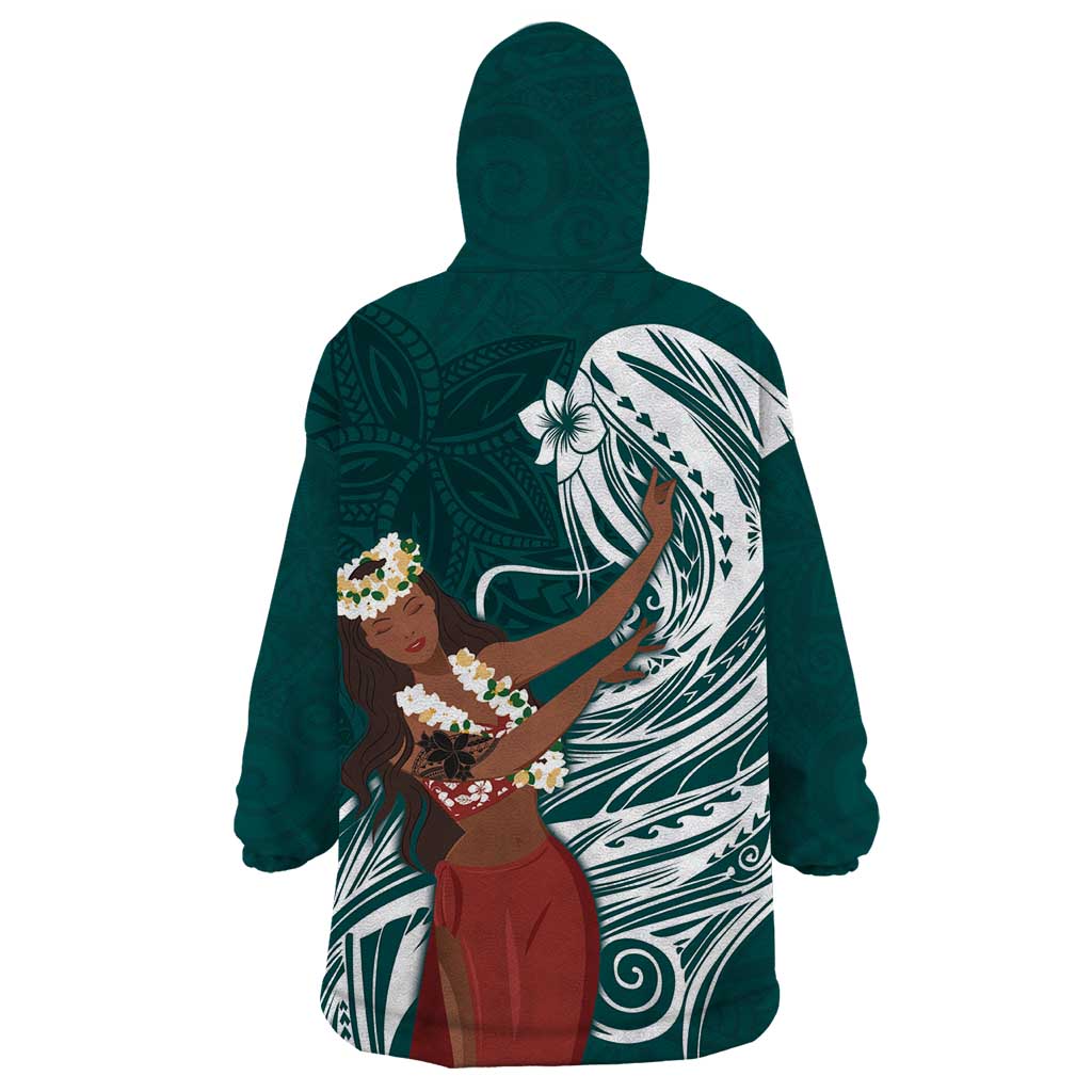 Tahiti Islands Polynesian Plumeria Wearable Blanket Hoodie Tahitian Vahine 'Ote'a - Teal LT7 - Polynesian Pride