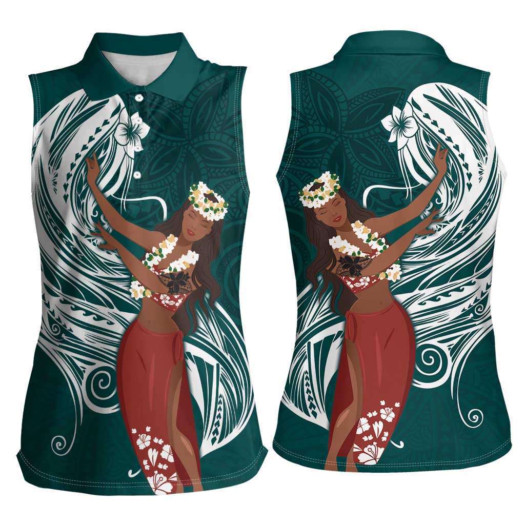 Tahiti Islands Polynesian Plumeria Women Sleeveless Polo Shirt Tahitian Vahine 'Ote'a - Teal LT7 - Polynesian Pride
