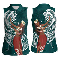Tahiti Islands Polynesian Plumeria Women Sleeveless Polo Shirt Tahitian Vahine 'Ote'a - Teal LT7 - Polynesian Pride