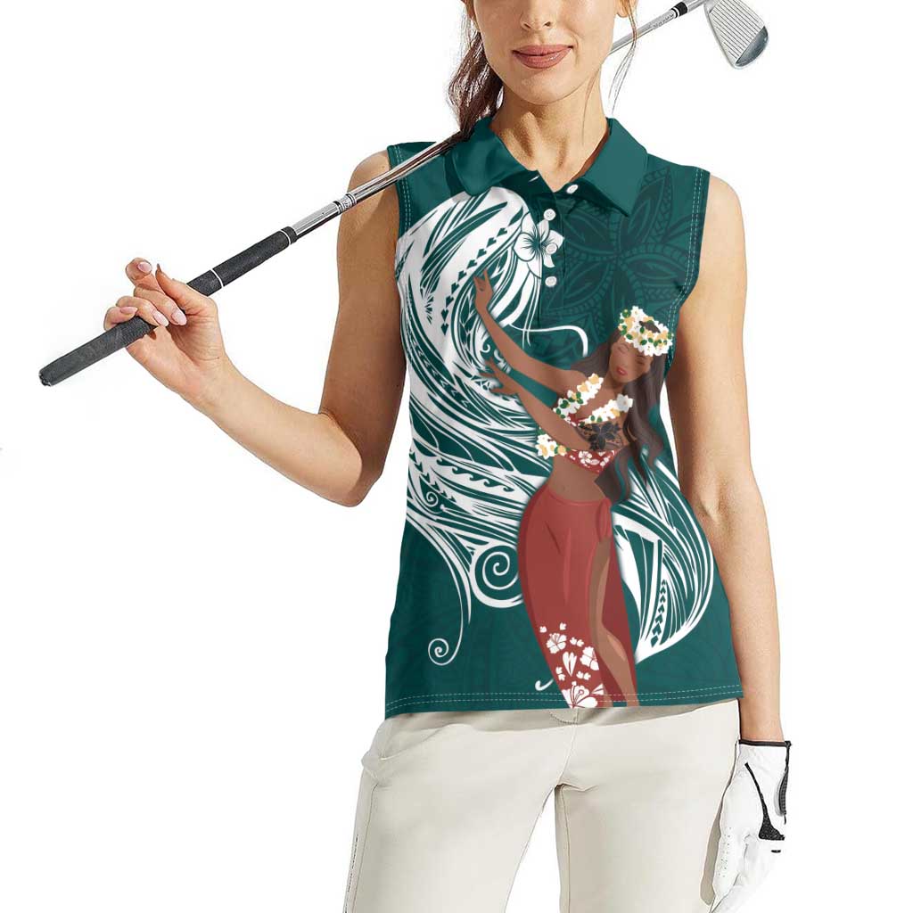 Tahiti Islands Polynesian Plumeria Women Sleeveless Polo Shirt Tahitian Vahine 'Ote'a - Teal LT7 - Polynesian Pride