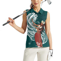 Tahiti Islands Polynesian Plumeria Women Sleeveless Polo Shirt Tahitian Vahine 'Ote'a - Teal LT7 - Polynesian Pride