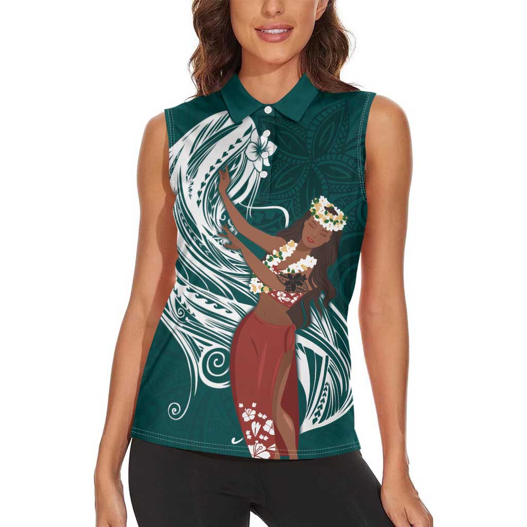 Tahiti Islands Polynesian Plumeria Women Sleeveless Polo Shirt Tahitian Vahine 'Ote'a - Teal LT7 - Polynesian Pride