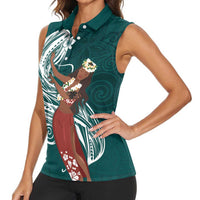 Tahiti Islands Polynesian Plumeria Women Sleeveless Polo Shirt Tahitian Vahine 'Ote'a - Teal LT7 - Polynesian Pride