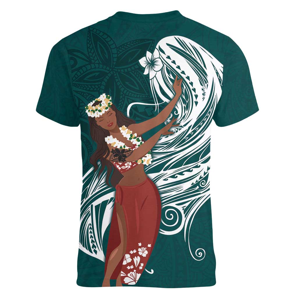 Tahiti Islands Polynesian Plumeria Women V-Neck T-Shirt Tahitian Vahine 'Ote'a - Teal LT7 - Polynesian Pride