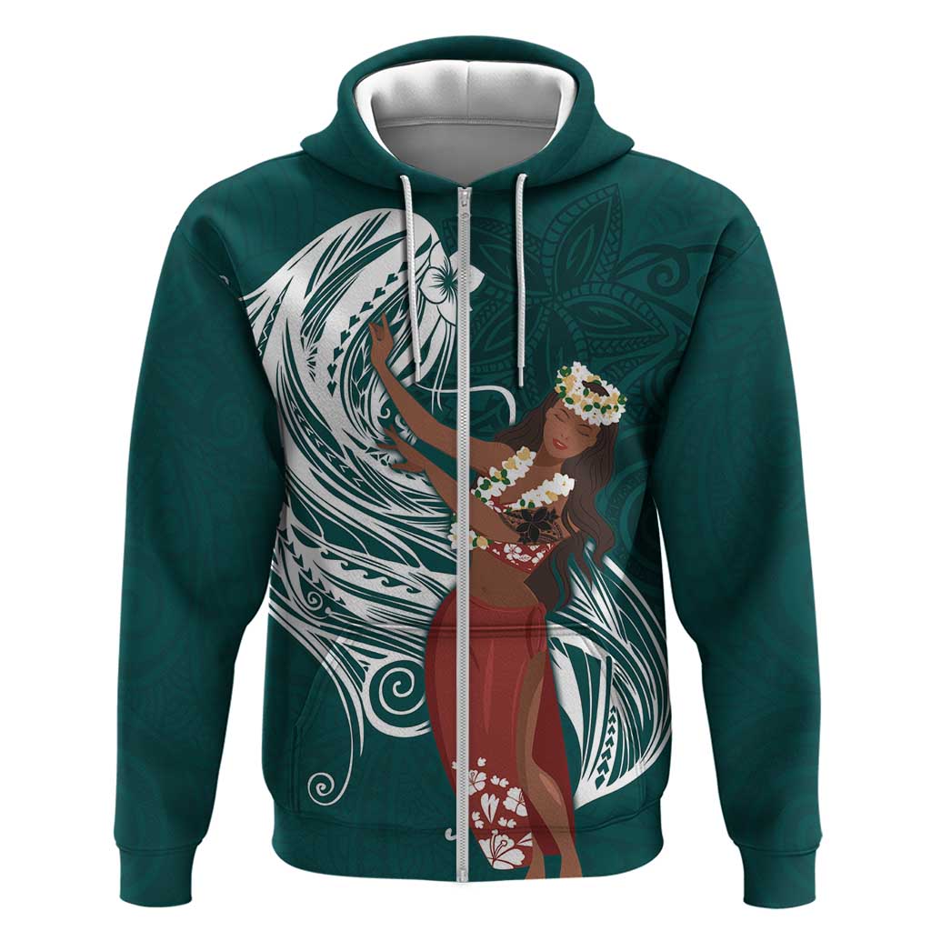 Tahiti Islands Polynesian Plumeria Zip Hoodie Tahitian Vahine 'Ote'a - Teal LT7 Zip Hoodie Teal - Polynesian Pride