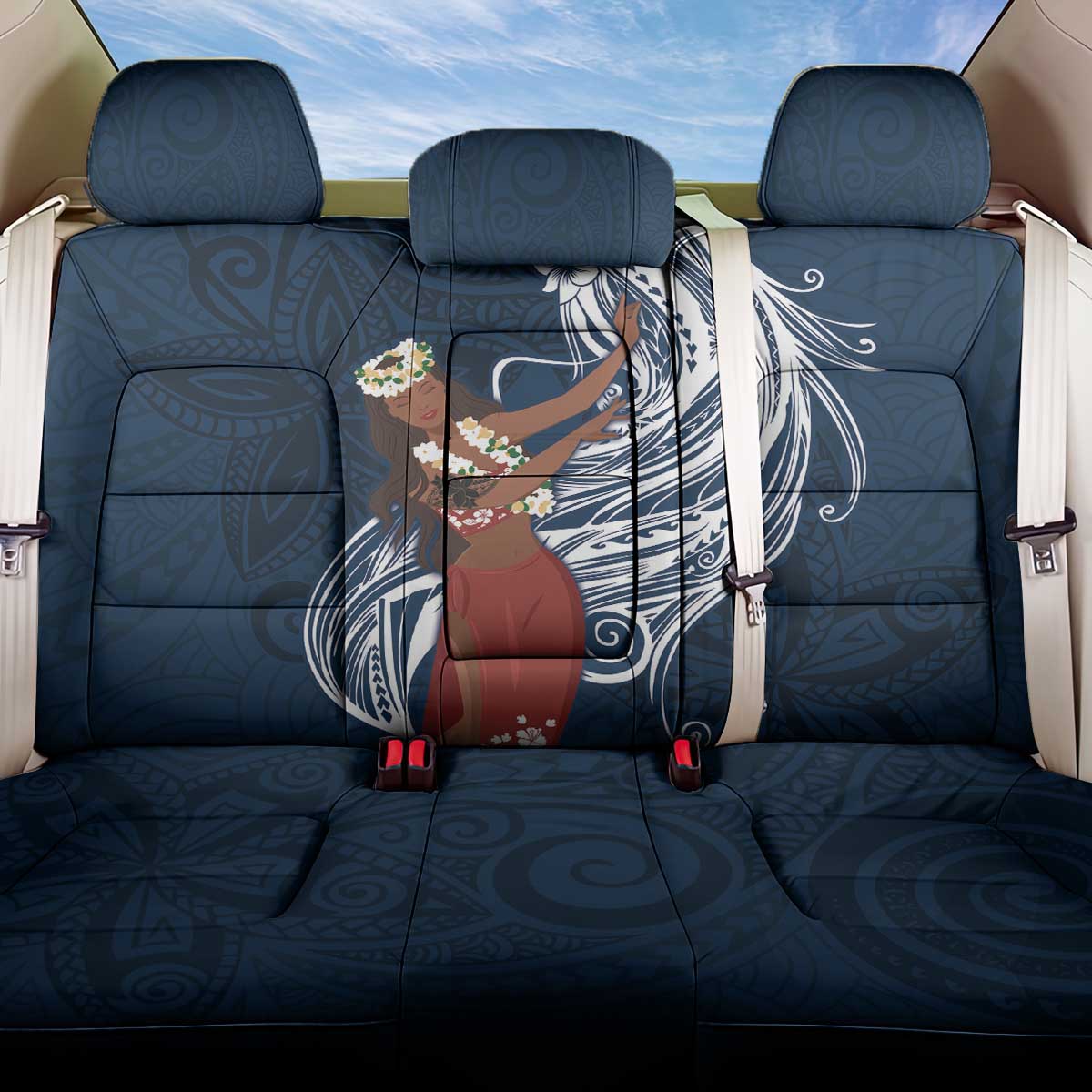 Tahiti Islands Polynesian Plumeria Back Car Seat Cover Tahitian Vahine 'Ote'a - Navy Blue LT7 One Size Blue - Polynesian Pride