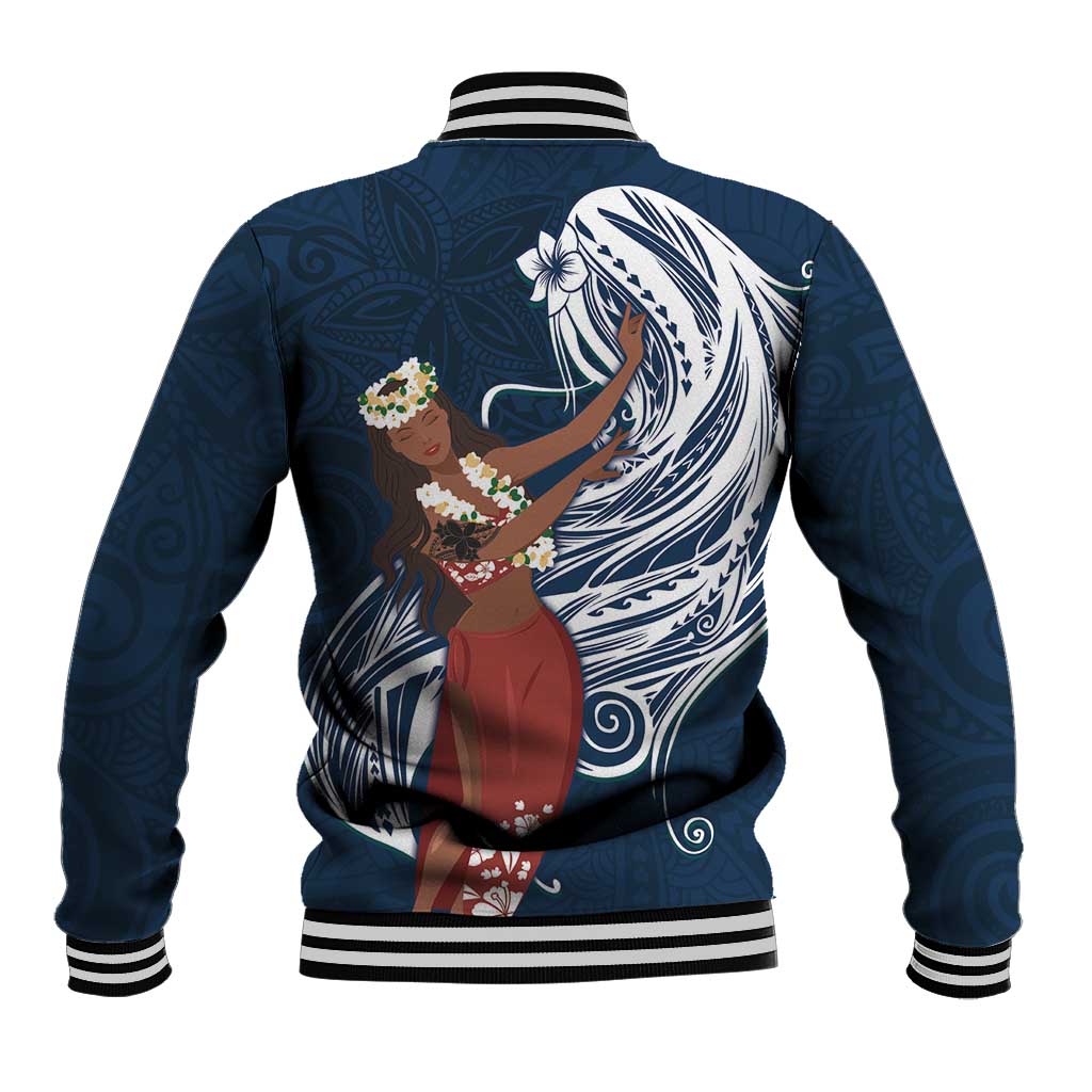 Tahiti Islands Polynesian Plumeria Baseball Jacket Tahitian Vahine 'Ote'a - Navy Blue
