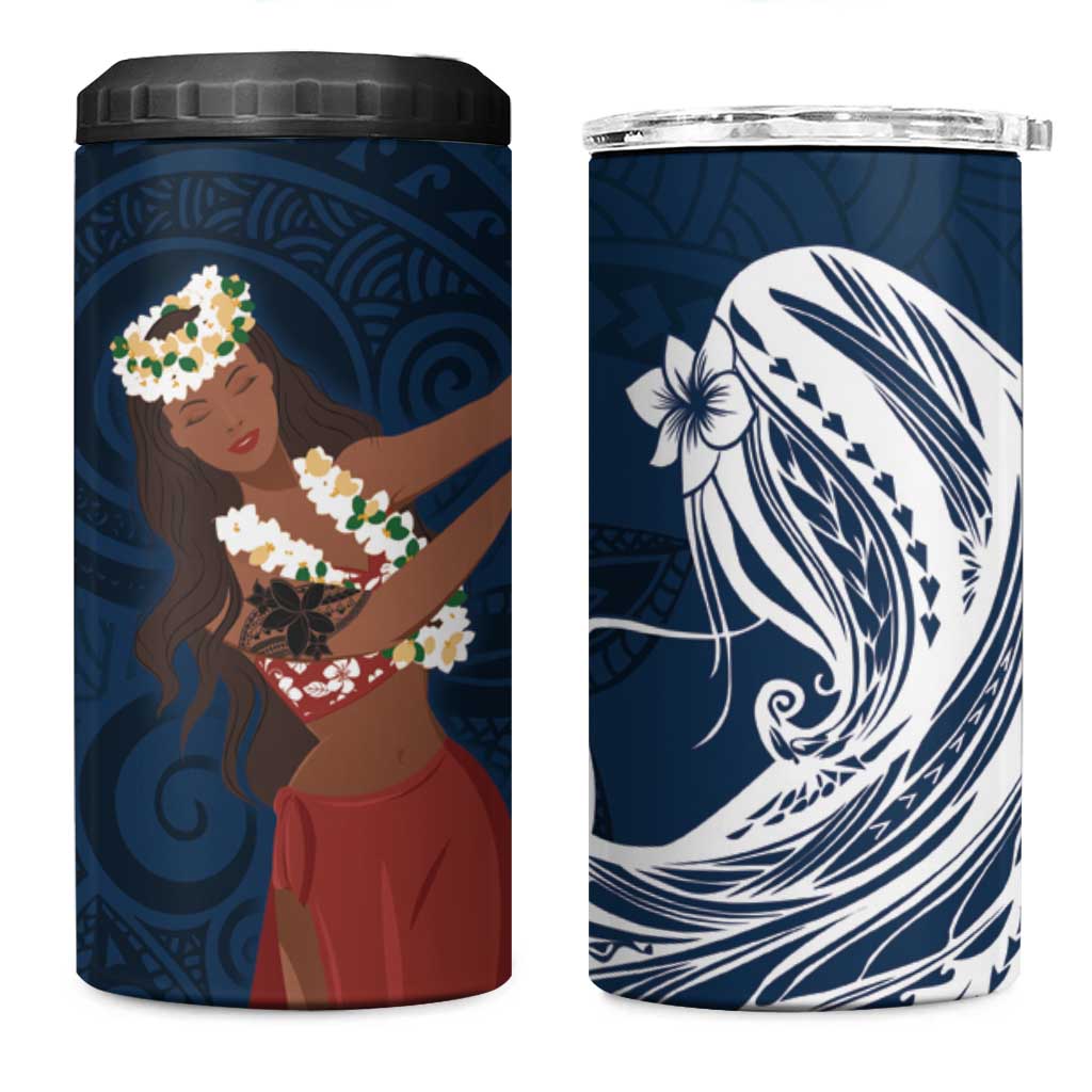 Tahiti Islands Polynesian Plumeria 4 in 1 Can Cooler Tumbler Tahitian Vahine 'Ote'a - Navy Blue LT7 One Size: 16 oz Blue - Polynesian Pride