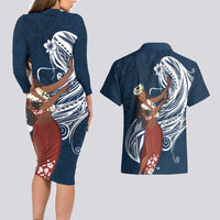 Tahiti Islands Polynesian Plumeria Couples Matching Long Sleeve Bodycon Dress and Hawaiian Shirt Tahitian Vahine 'Ote'a - Navy Blue LT7 - Polynesian Pride