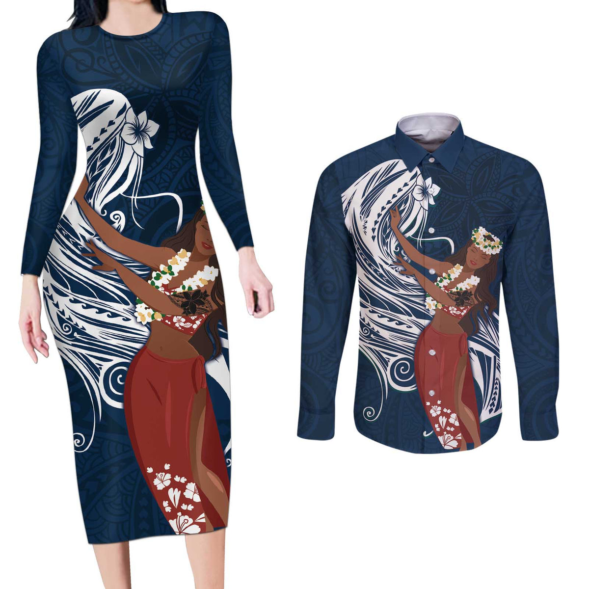 Tahiti Islands Polynesian Plumeria Couples Matching Long Sleeve Bodycon Dress and Long Sleeve Button Shirt Tahitian Vahine 'Ote'a - Navy Blue LT7 Blue - Polynesian Pride