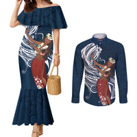 Tahiti Islands Polynesian Plumeria Couples Matching Mermaid Dress and Long Sleeve Button Shirt Tahitian Vahine 'Ote'a - Navy Blue LT7 Blue - Polynesian Pride