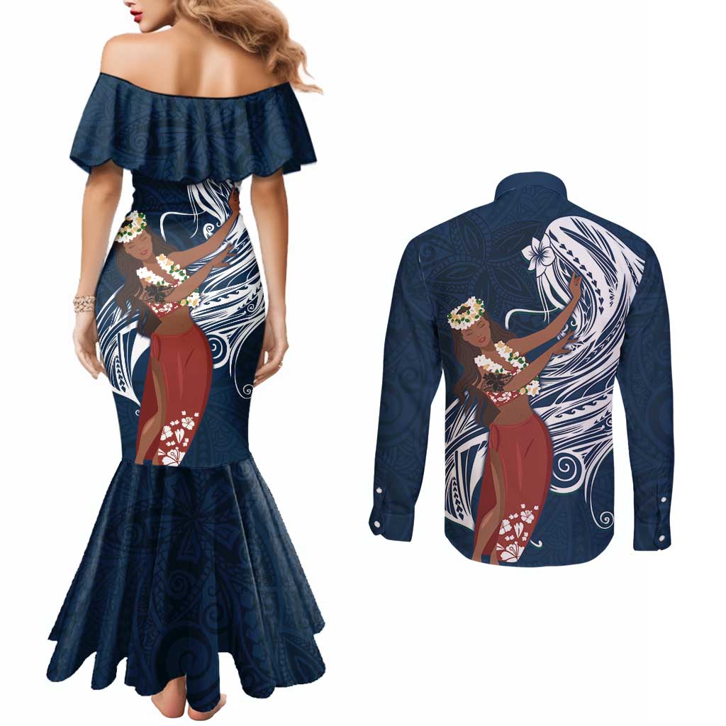 Tahiti Islands Polynesian Plumeria Couples Matching Mermaid Dress and Long Sleeve Button Shirt Tahitian Vahine 'Ote'a - Navy Blue LT7 - Polynesian Pride