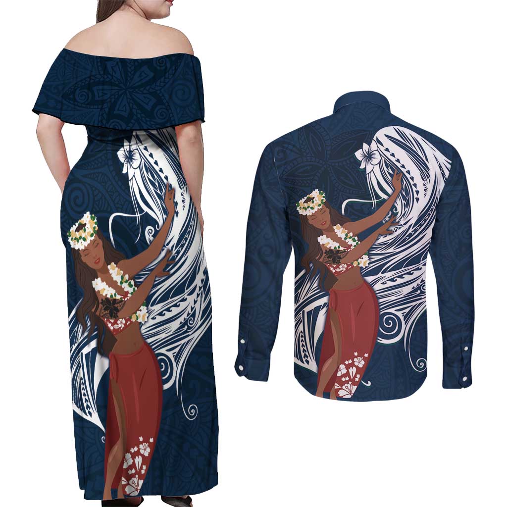 Tahiti Islands Polynesian Plumeria Couples Matching Off Shoulder Maxi Dress and Long Sleeve Button Shirt Tahitian Vahine 'Ote'a - Navy Blue LT7 - Polynesian Pride