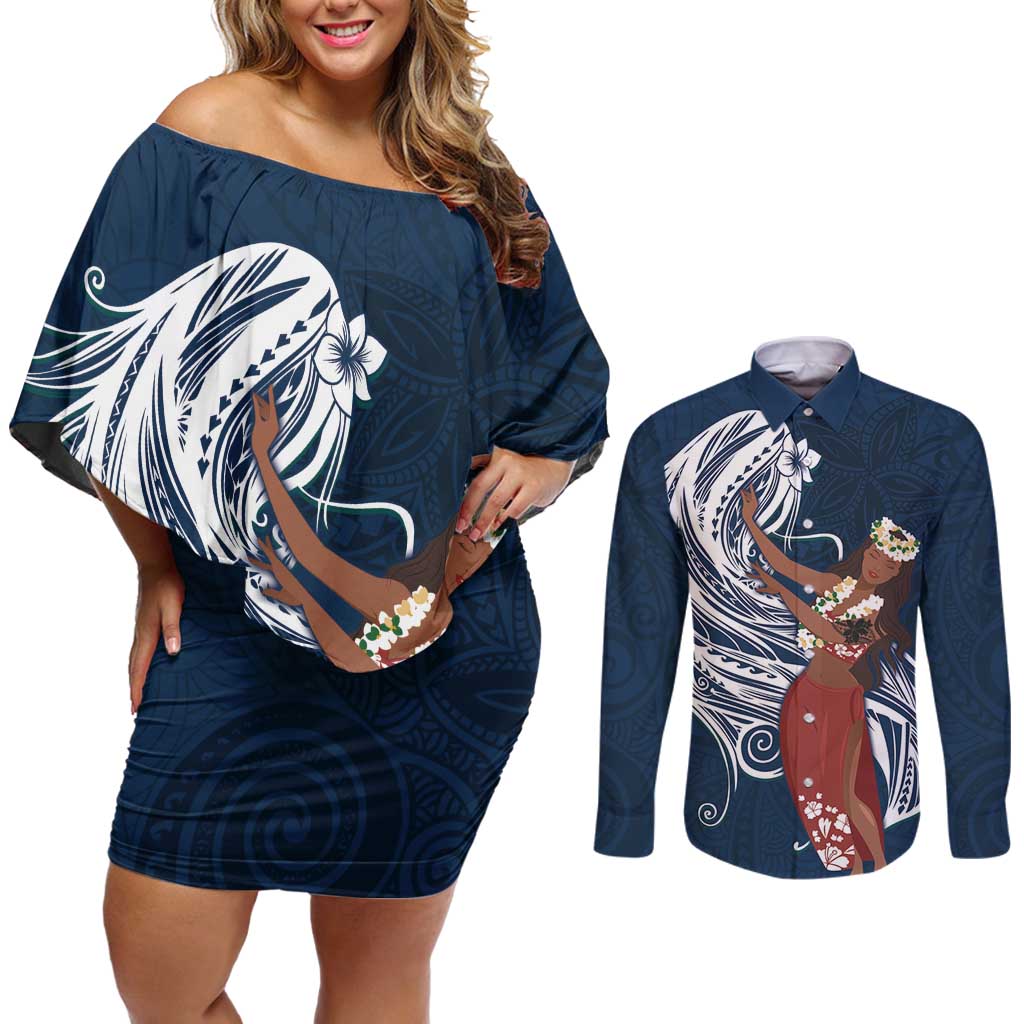 Tahiti Islands Polynesian Plumeria Couples Matching Off Shoulder Short Dress and Long Sleeve Button Shirt Tahitian Vahine 'Ote'a - Navy Blue LT7 Blue - Polynesian Pride