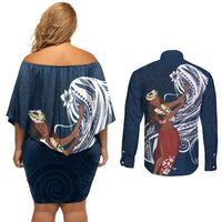 Tahiti Islands Polynesian Plumeria Couples Matching Off Shoulder Short Dress and Long Sleeve Button Shirt Tahitian Vahine 'Ote'a - Navy Blue LT7 - Polynesian Pride