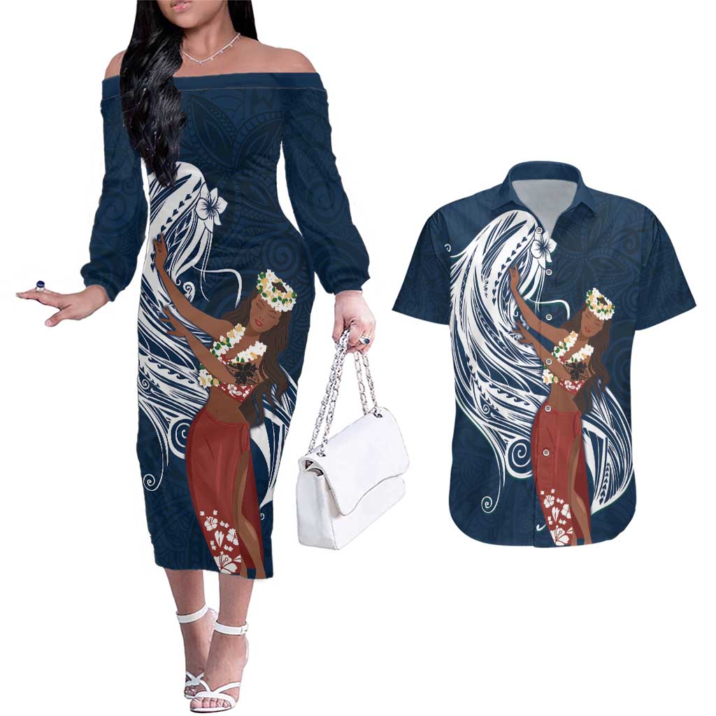Tahiti Islands Polynesian Plumeria Couples Matching Off The Shoulder Long Sleeve Dress and Hawaiian Shirt Tahitian Vahine 'Ote'a - Navy Blue LT7 Blue - Polynesian Pride