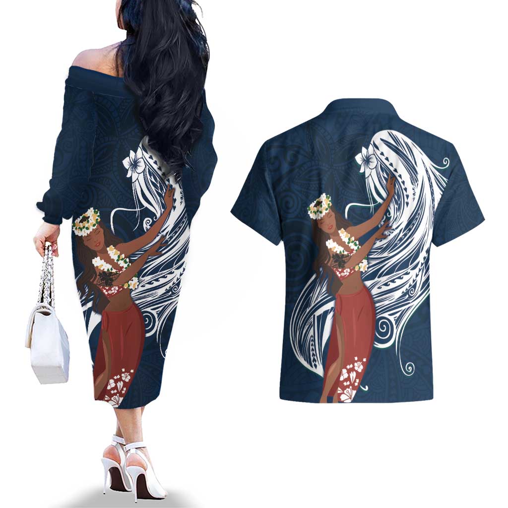 Tahiti Islands Polynesian Plumeria Couples Matching Off The Shoulder Long Sleeve Dress and Hawaiian Shirt Tahitian Vahine 'Ote'a - Navy Blue LT7 - Polynesian Pride