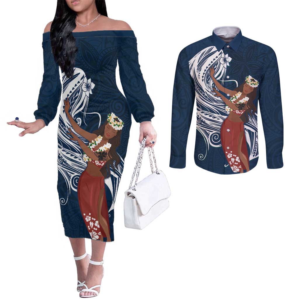 Tahiti Islands Polynesian Plumeria Couples Matching Off The Shoulder Long Sleeve Dress and Long Sleeve Button Shirt Tahitian Vahine 'Ote'a - Navy Blue LT7 Blue - Polynesian Pride