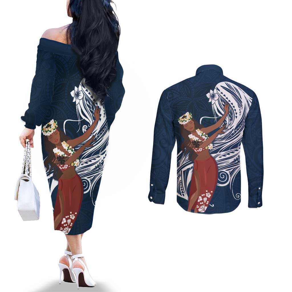 Tahiti Islands Polynesian Plumeria Couples Matching Off The Shoulder Long Sleeve Dress and Long Sleeve Button Shirt Tahitian Vahine 'Ote'a - Navy Blue LT7 - Polynesian Pride