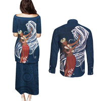 Tahiti Islands Polynesian Plumeria Couples Matching Puletasi and Long Sleeve Button Shirt Tahitian Vahine 'Ote'a - Navy Blue LT7 - Polynesian Pride