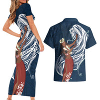 Tahiti Islands Polynesian Plumeria Couples Matching Short Sleeve Bodycon Dress and Hawaiian Shirt Tahitian Vahine 'Ote'a - Navy Blue LT7 - Polynesian Pride
