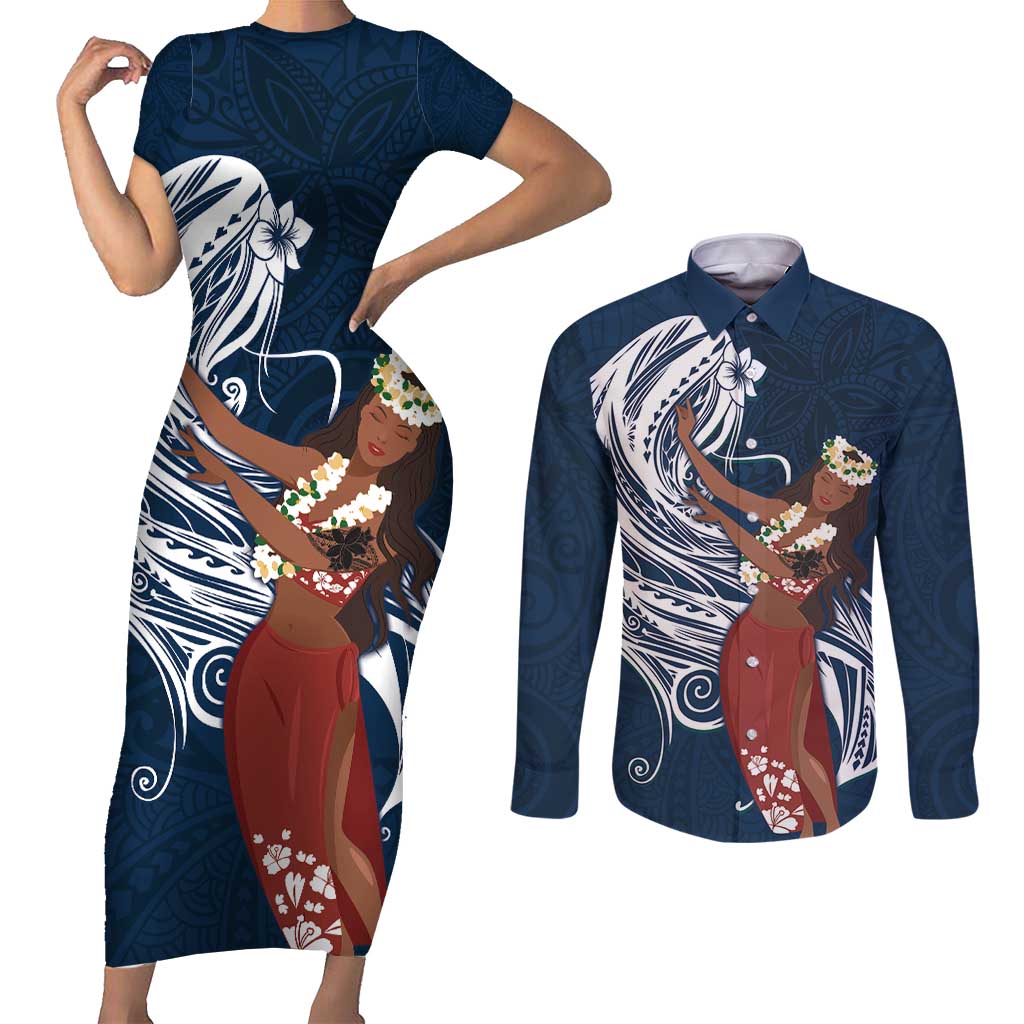 Tahiti Islands Polynesian Plumeria Couples Matching Short Sleeve Bodycon Dress and Long Sleeve Button Shirt Tahitian Vahine 'Ote'a - Navy Blue LT7 Blue - Polynesian Pride