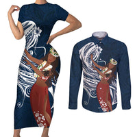 Tahiti Islands Polynesian Plumeria Couples Matching Short Sleeve Bodycon Dress and Long Sleeve Button Shirt Tahitian Vahine 'Ote'a - Navy Blue LT7 Blue - Polynesian Pride