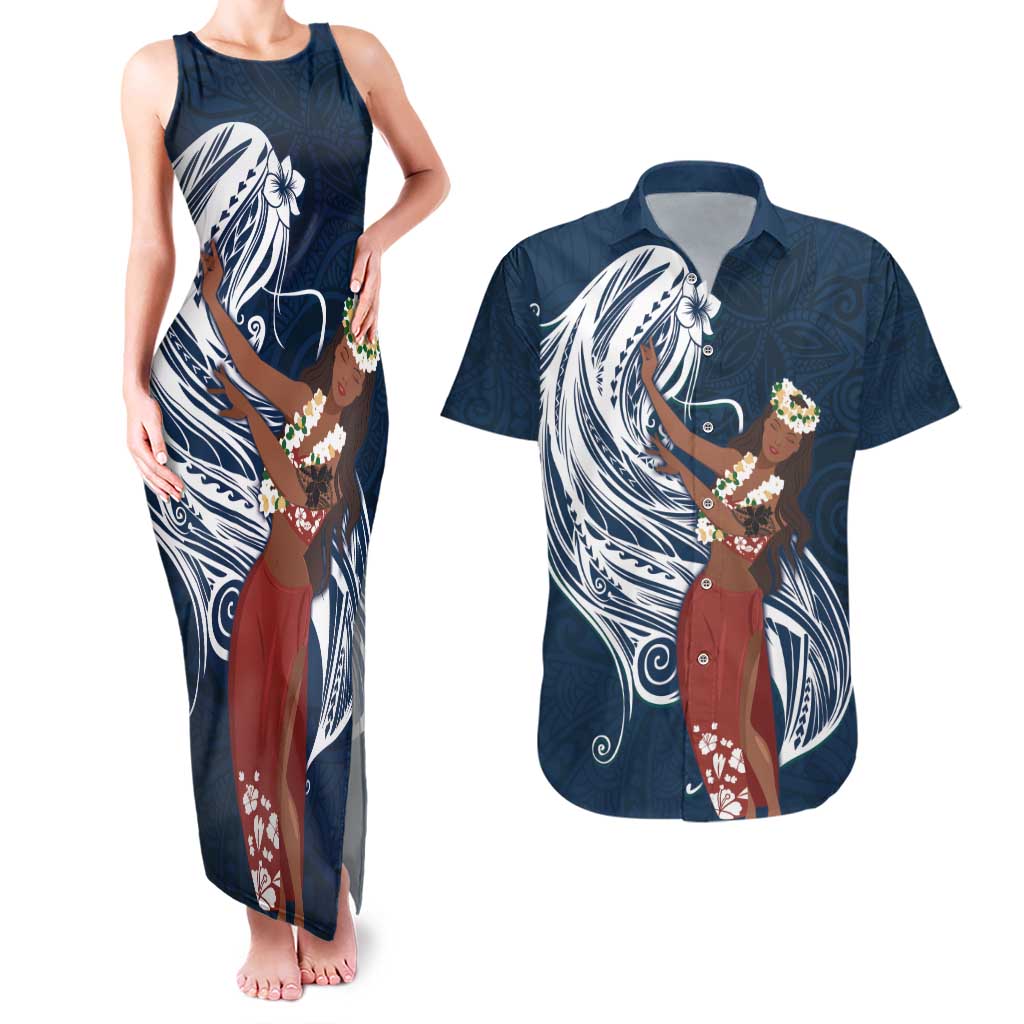 Tahiti Islands Polynesian Plumeria Couples Matching Tank Maxi Dress and Hawaiian Shirt Tahitian Vahine 'Ote'a - Navy Blue LT7 Blue - Polynesian Pride