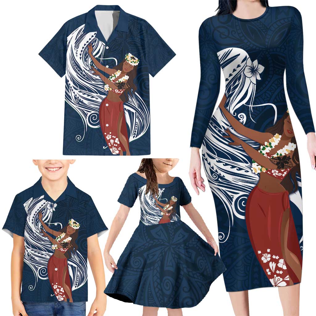 Tahiti Islands Polynesian Plumeria Family Matching Long Sleeve Bodycon Dress and Hawaiian Shirt Tahitian Vahine 'Ote'a - Navy Blue LT7 - Polynesian Pride