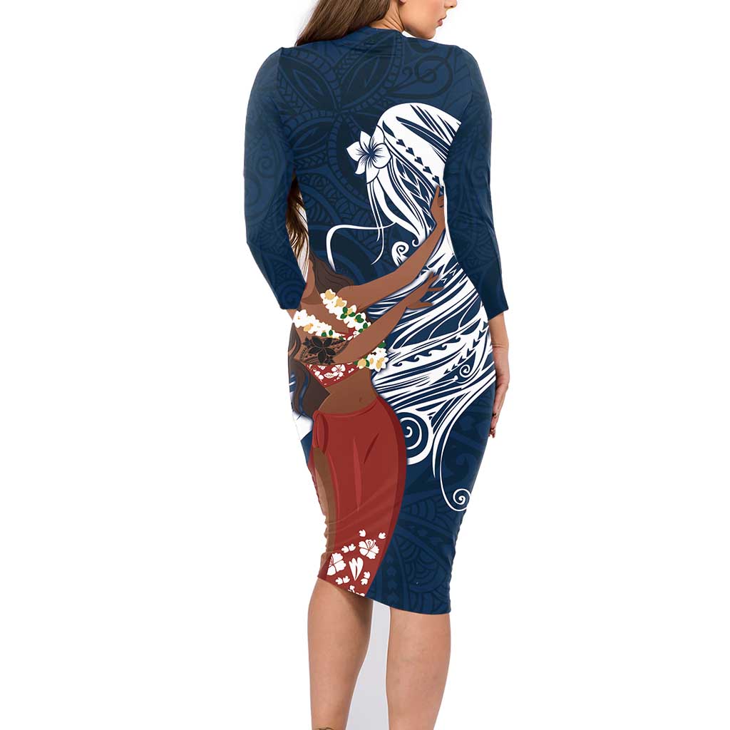 Tahiti Islands Polynesian Plumeria Family Matching Long Sleeve Bodycon Dress and Hawaiian Shirt Tahitian Vahine 'Ote'a - Navy Blue LT7 - Polynesian Pride