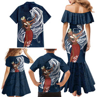 Tahiti Islands Polynesian Plumeria Family Matching Mermaid Dress and Hawaiian Shirt Tahitian Vahine 'Ote'a - Navy Blue LT7 - Polynesian Pride