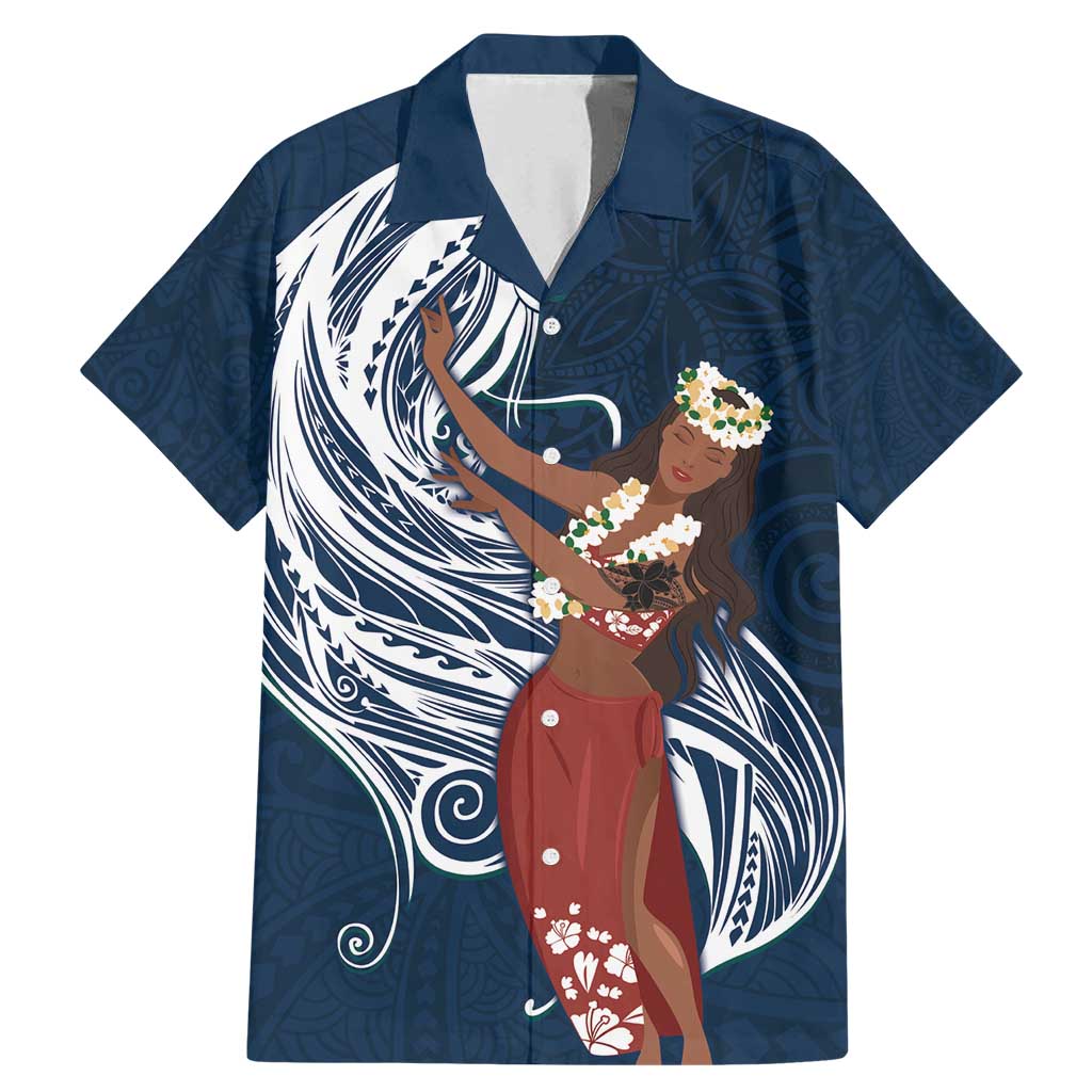 Tahiti Islands Polynesian Plumeria Family Matching Mermaid Dress and Hawaiian Shirt Tahitian Vahine 'Ote'a - Navy Blue LT7 Dad's Shirt - Short Sleeve Blue - Polynesian Pride