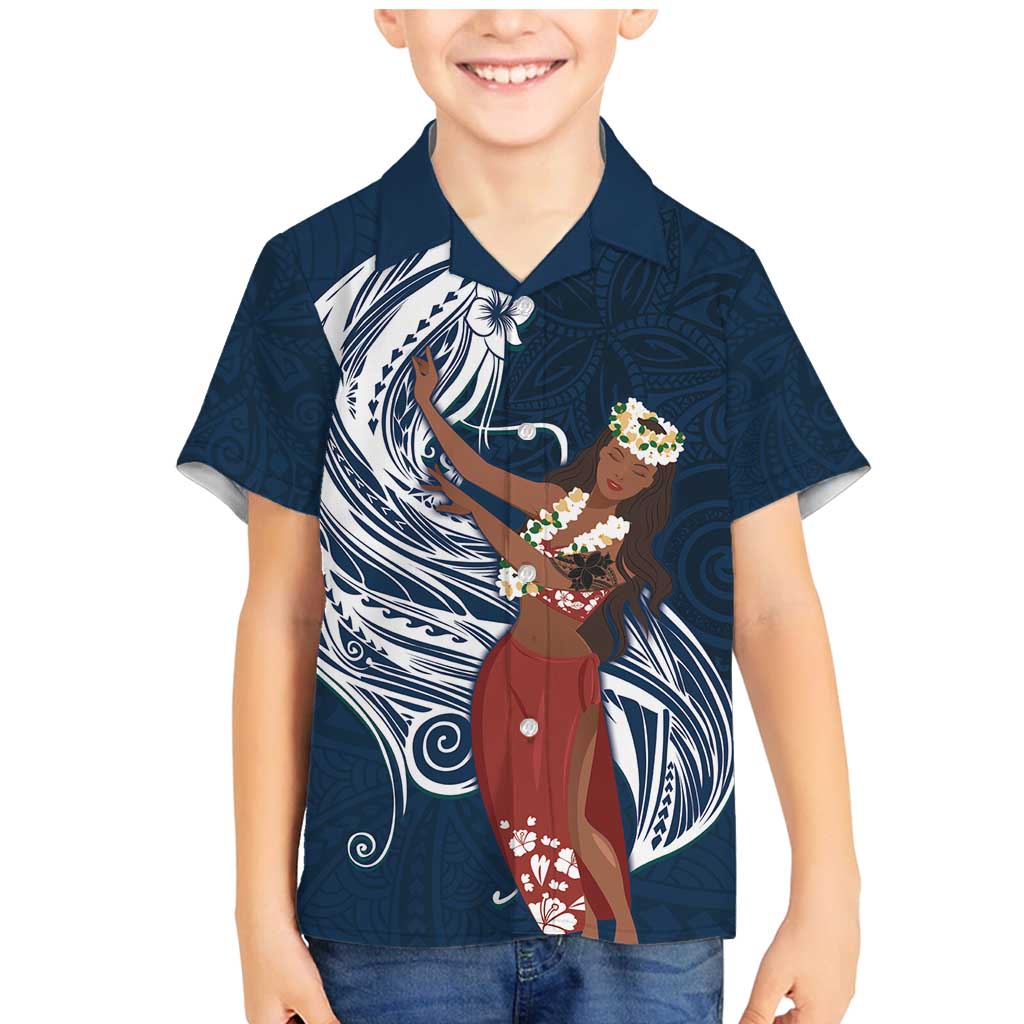 Tahiti Islands Polynesian Plumeria Family Matching Mermaid Dress and Hawaiian Shirt Tahitian Vahine 'Ote'a - Navy Blue LT7 Son's Shirt Blue - Polynesian Pride