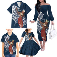 Tahiti Islands Polynesian Plumeria Family Matching Off The Shoulder Long Sleeve Dress and Hawaiian Shirt Tahitian Vahine 'Ote'a - Navy Blue LT7 - Polynesian Pride