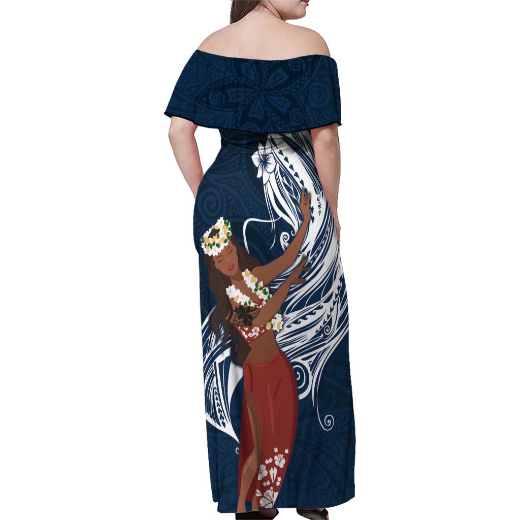 Tahiti Islands Polynesian Plumeria Family Matching Off Shoulder Maxi Dress and Hawaiian Shirt Tahitian Vahine 'Ote'a - Navy Blue LT7 - Polynesian Pride