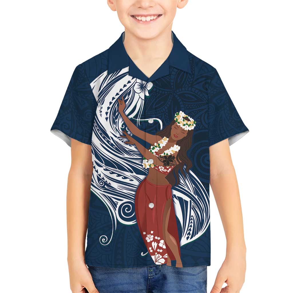 Tahiti Islands Polynesian Plumeria Family Matching Off Shoulder Maxi Dress and Hawaiian Shirt Tahitian Vahine 'Ote'a - Navy Blue LT7 Son's Shirt Blue - Polynesian Pride