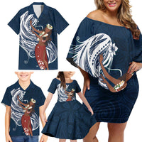 Tahiti Islands Polynesian Plumeria Family Matching Off Shoulder Short Dress and Hawaiian Shirt Tahitian Vahine 'Ote'a - Navy Blue LT7 - Polynesian Pride
