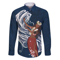 Tahiti Islands Polynesian Plumeria Family Matching Off Shoulder Short Dress and Hawaiian Shirt Tahitian Vahine 'Ote'a - Navy Blue LT7 Dad's Shirt - Long Sleeve Blue - Polynesian Pride